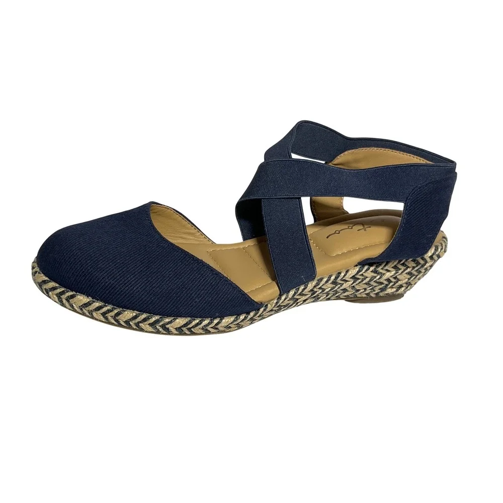 Me Too Dixie-BC Navy Blue Espadrille Wedge Sandals Bohemian 6M Elastic Straps